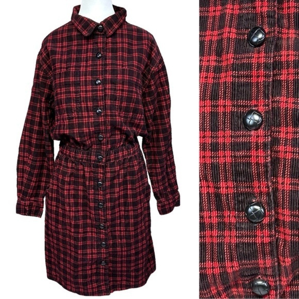 Fads Vtg 90s Check Plaid Corduroy Long Slv Dress Red Black Holiday Academia 16